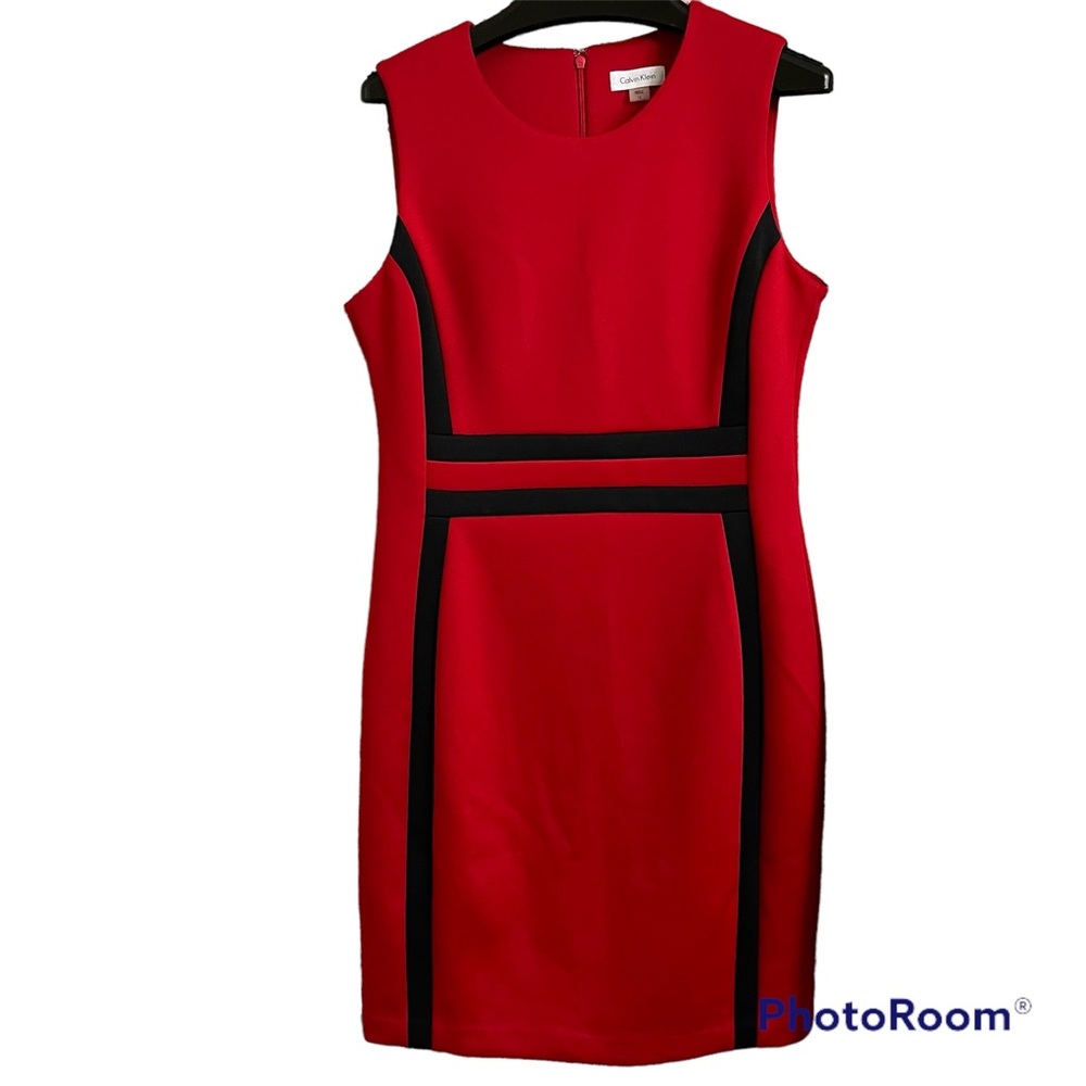 Calvin Klein Red Sleeveless Sheath Dress with Black Trim